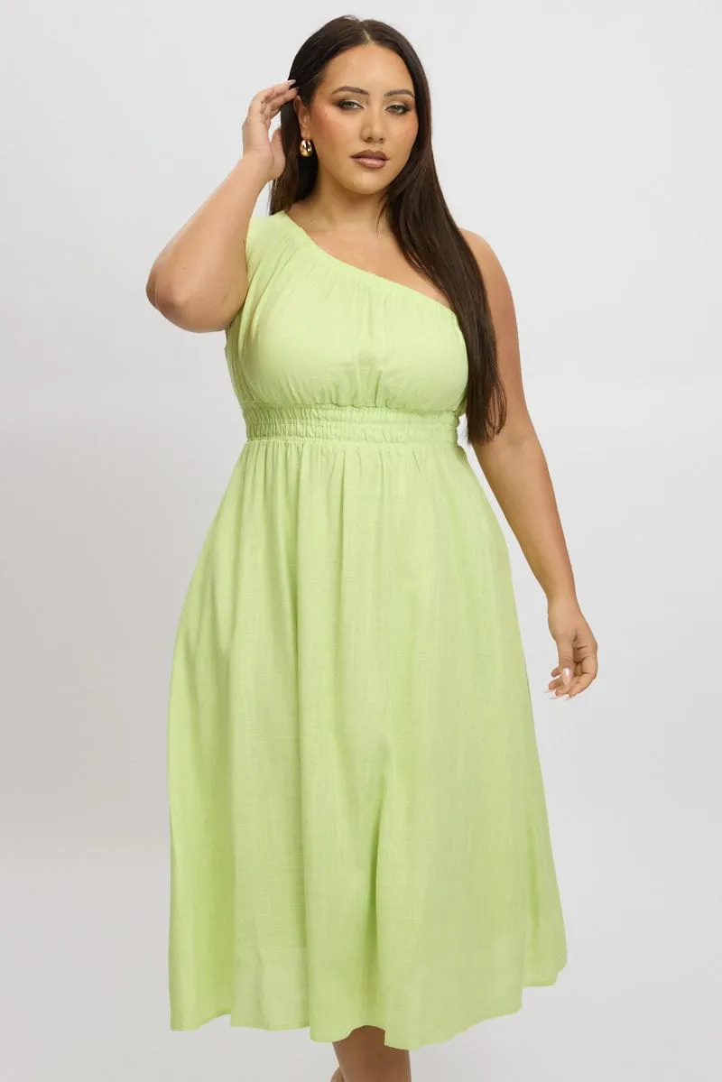 Yellow Midi Dress One Shoulder Linen Blend Dinner Hall