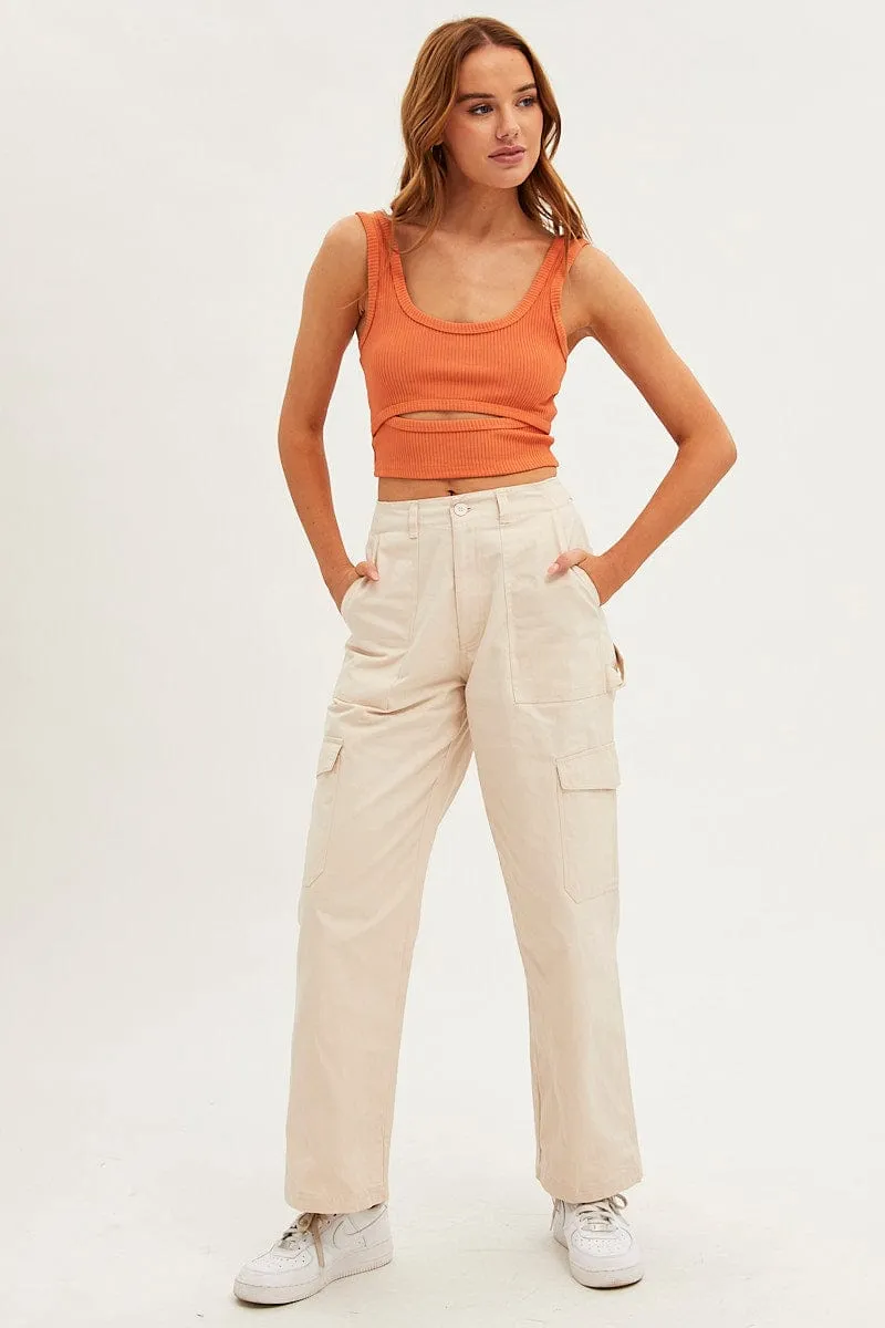 Winter Fashion Orange Crop Tank Scoop Neck Sleeveless Cutout