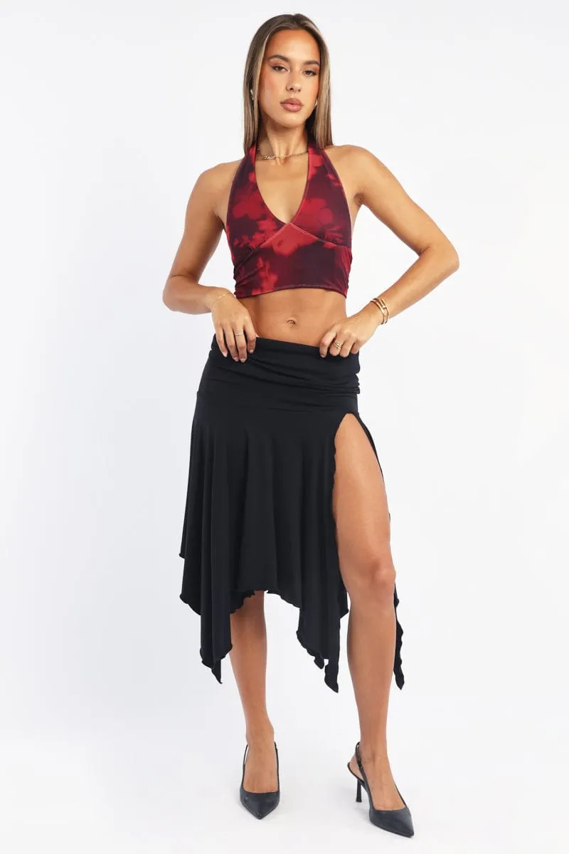 Sustainable Innovation Black Scarf Hem Skirt High Rise Midi Asymm Supersoft