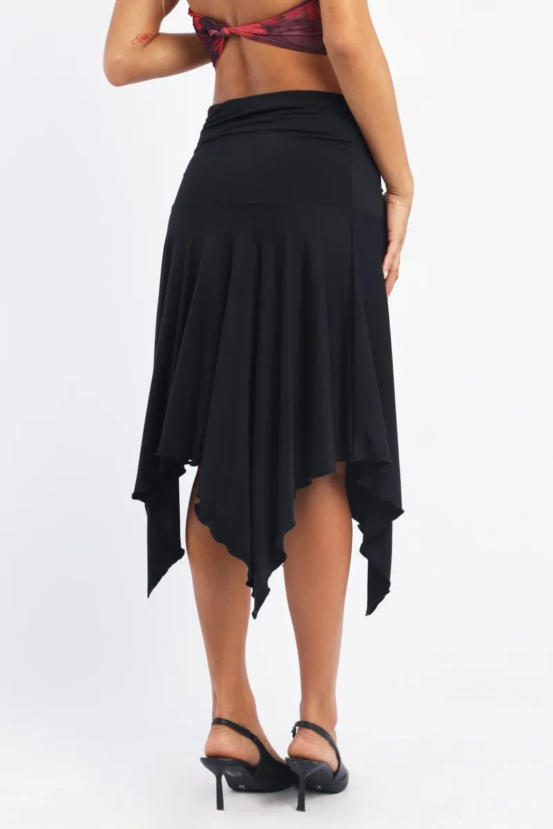 Black Scarf Hem Skirt High Rise Midi Asymm Supersoft Runway Ready Teen Fashion