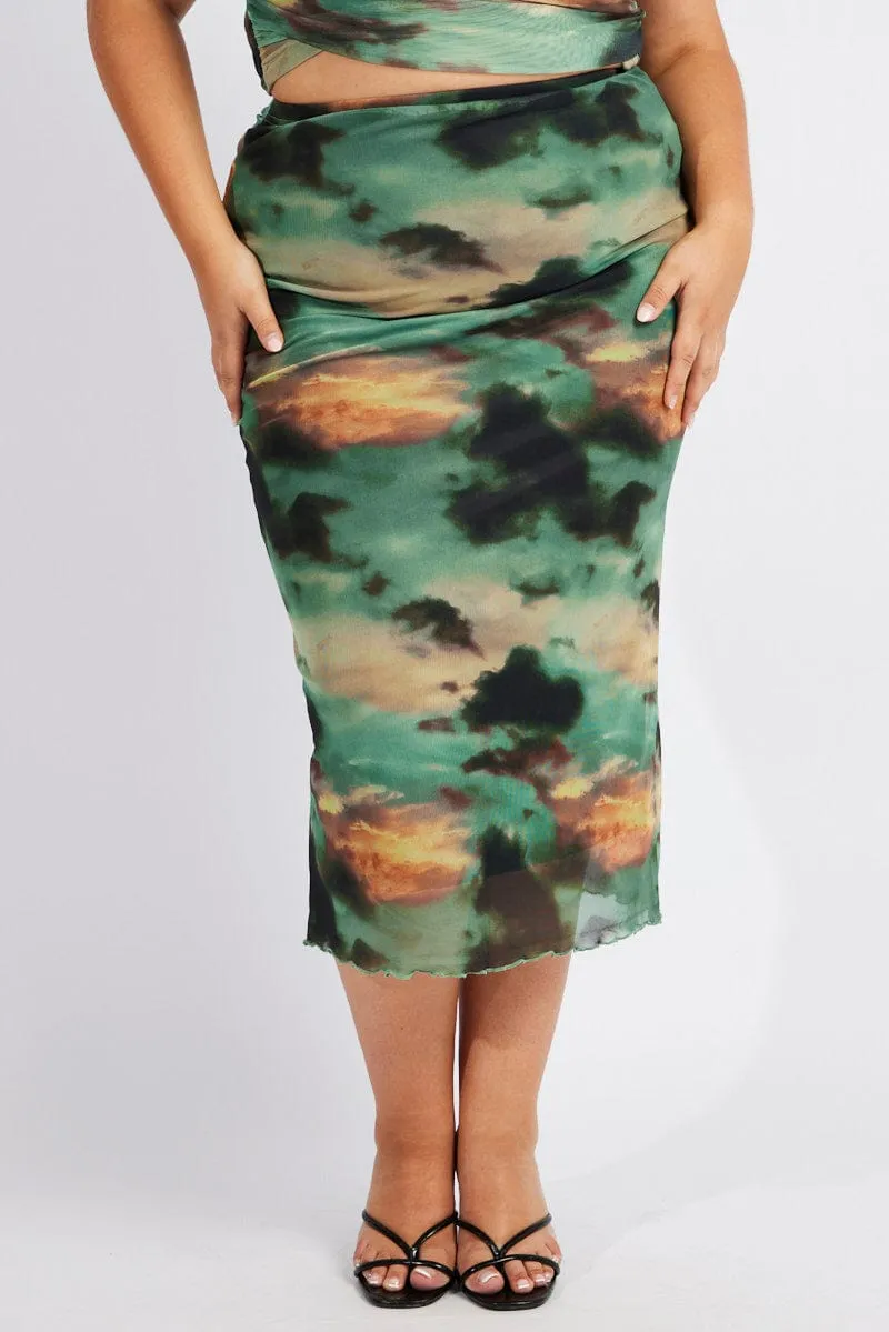 Bold Details Neutral palette Green Abstract Mesh Bodycon Long Skirt