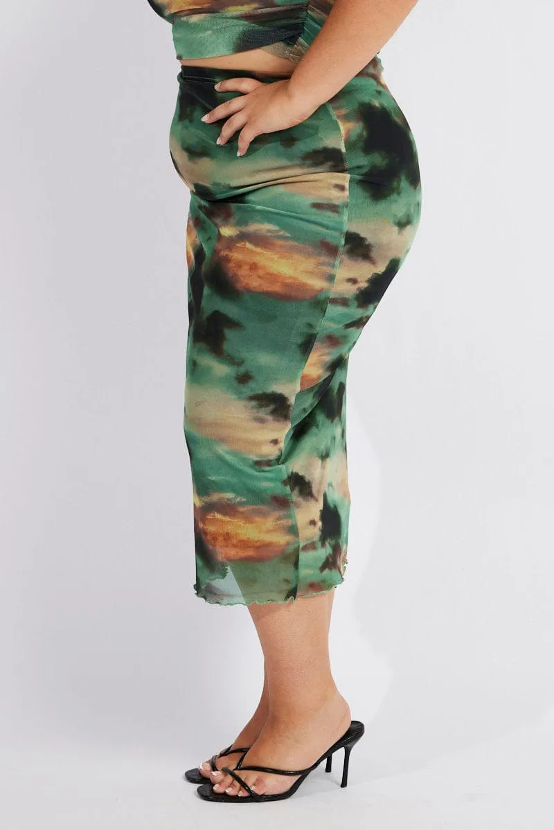 Double Stitched Unisex style Green Abstract Mesh Bodycon Long Skirt