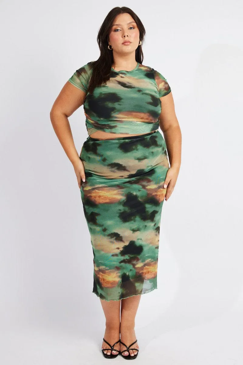 Green Abstract Mesh Bodycon Long Skirt Quick Wear Reinforced Hemline