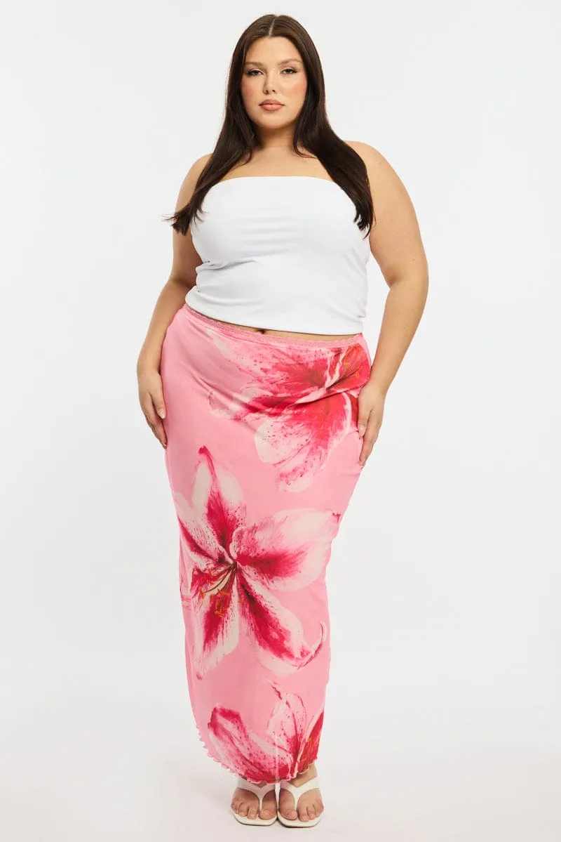 Pink Floral Maxi Skirt Mesh raw hem Structured silhouette