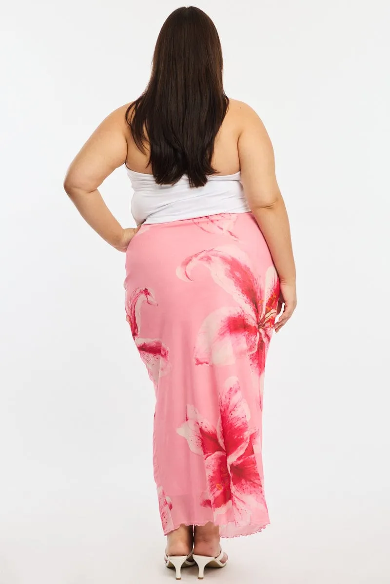 Odor Resistant Treatment Water resistant coating Pink Floral Maxi Skirt Mesh
