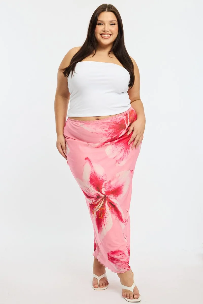 A Line Cut Pink Floral Maxi Skirt Mesh