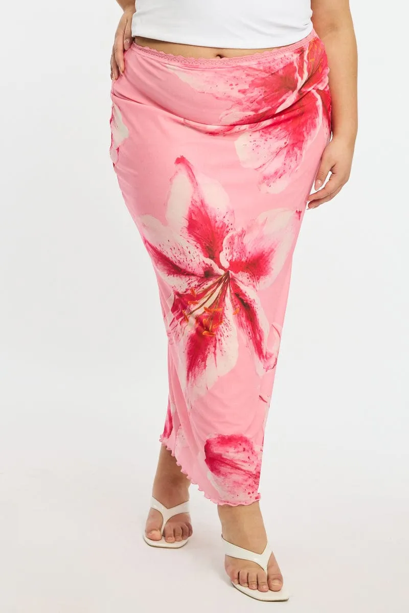 Pink Floral Maxi Skirt Mesh Quick Dry Technology Easy Layer