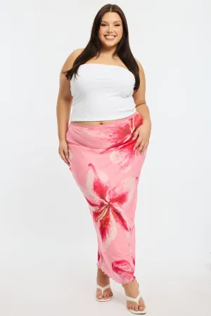 A Line Cut Pink Floral Maxi Skirt Mesh