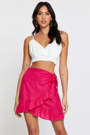 Cotton Rich Pink Linen Blend Frilled Wrap Mini Skirt