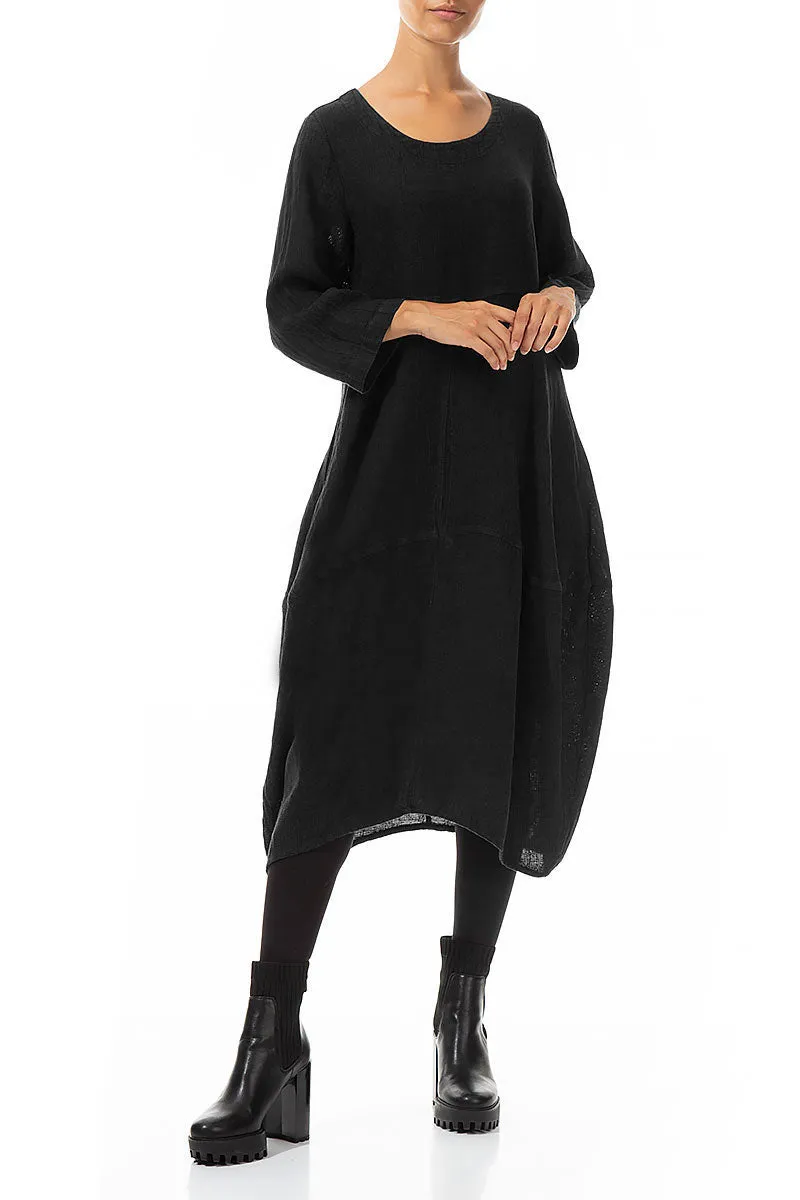 Korean Fresh Balloon Black M??lange Linen Dress