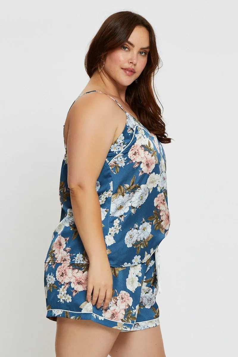 spring fresh Floral Print Satin Cami Pj Pyjama Set