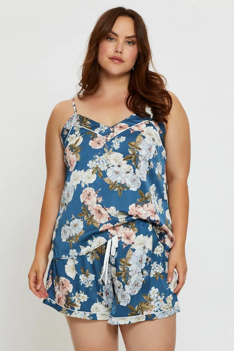Dream Base Floral Print Satin Cami Pj Pyjama Set
