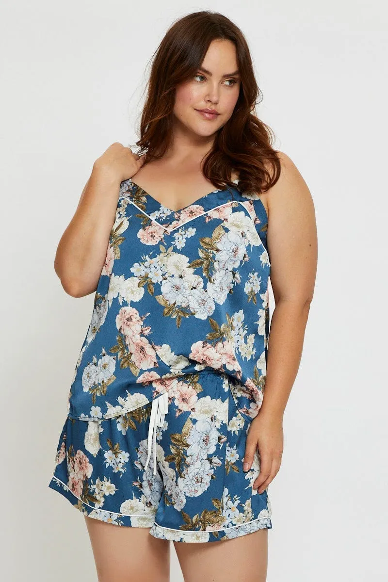 Floral Print Satin Cami Pj Pyjama Set DoubleLayeredHem