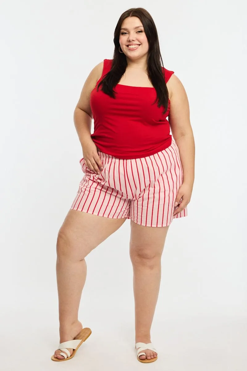 StainResistant Fabric Pink Stripe Elastic Waist Shorts