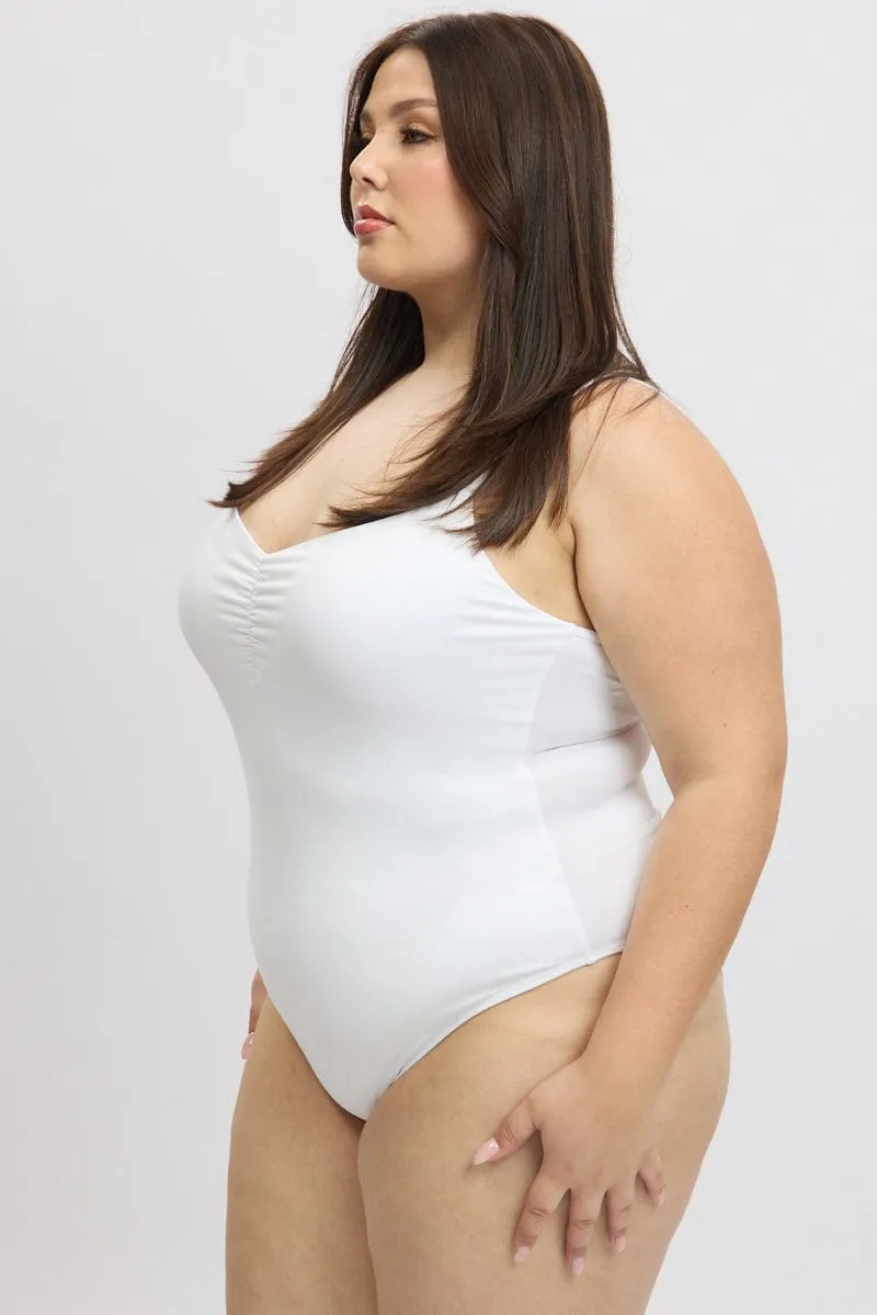 White Bodysuit Singlet Front Ruched Supersoft Effortless Design