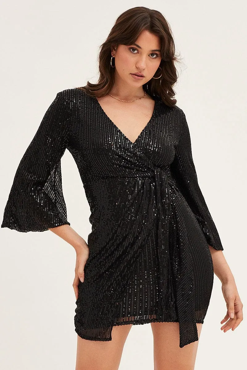 Adjustable drawstring City Shine Black Sequin Ruffle Wrap Party Mini Dress