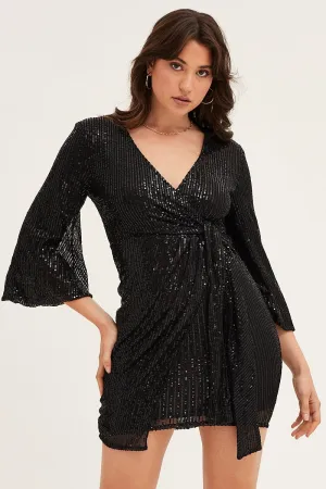 Adjustable drawstring City Shine Black Sequin Ruffle Wrap Party Mini Dress