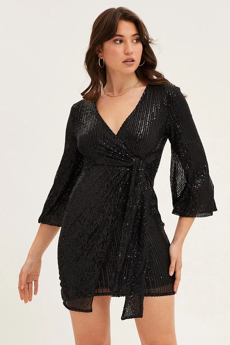 Black Sequin Ruffle Wrap Party Mini Dress Classic outdoor mini