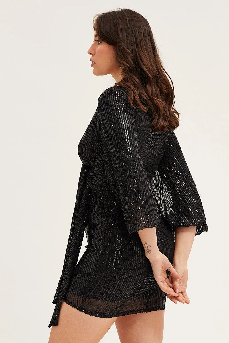 Timeless Wear Heat Proof Black Sequin Ruffle Wrap Party Mini Dress
