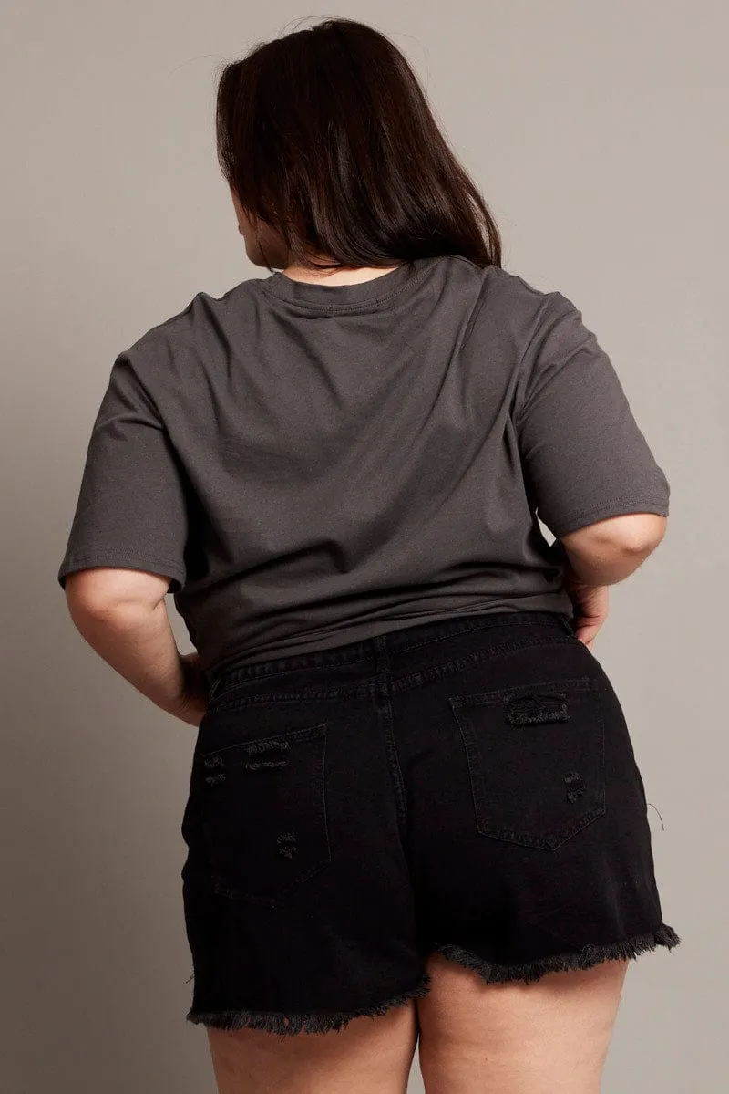 Ventilated Back Panel Basic Core Black Relaxed Shorts High Rise Distressed Hem