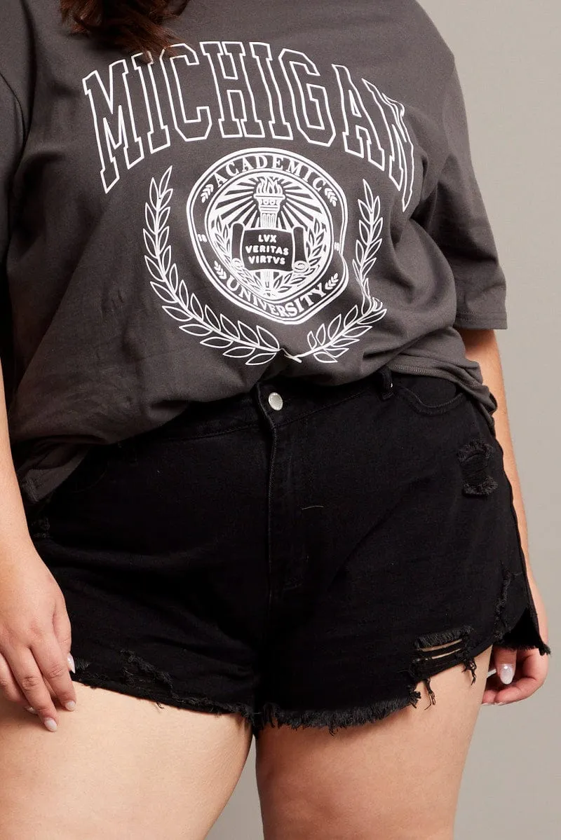 Classic Glow Trendy Look Black Relaxed Shorts High Rise Distressed Hem