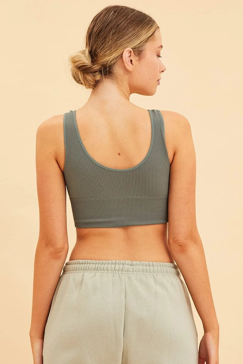 Relaxed Cut Athletic Hoodie Green Seamless Tank Top Scoop Neck Rib Crop