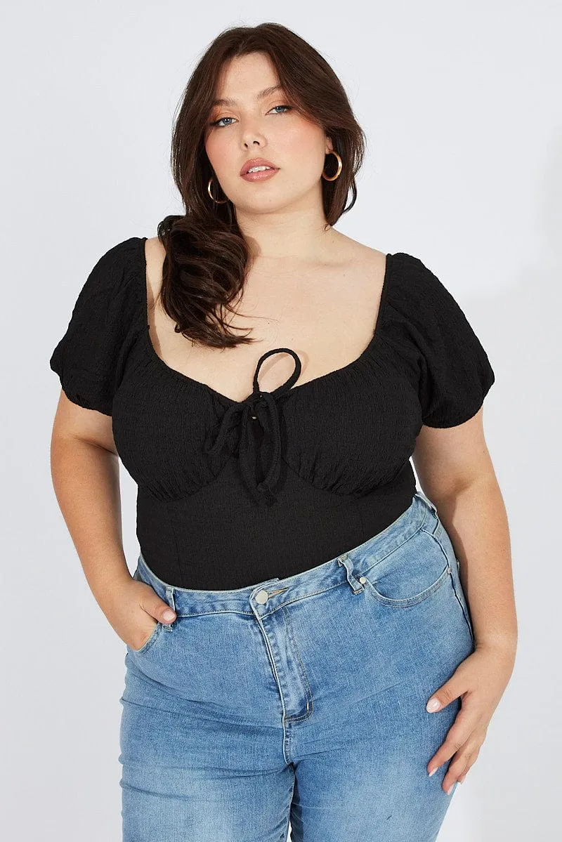 TemperatureRegulating Stylish Dress Black Bodysuit Short Sleeve Sweetheart Neckline Textured