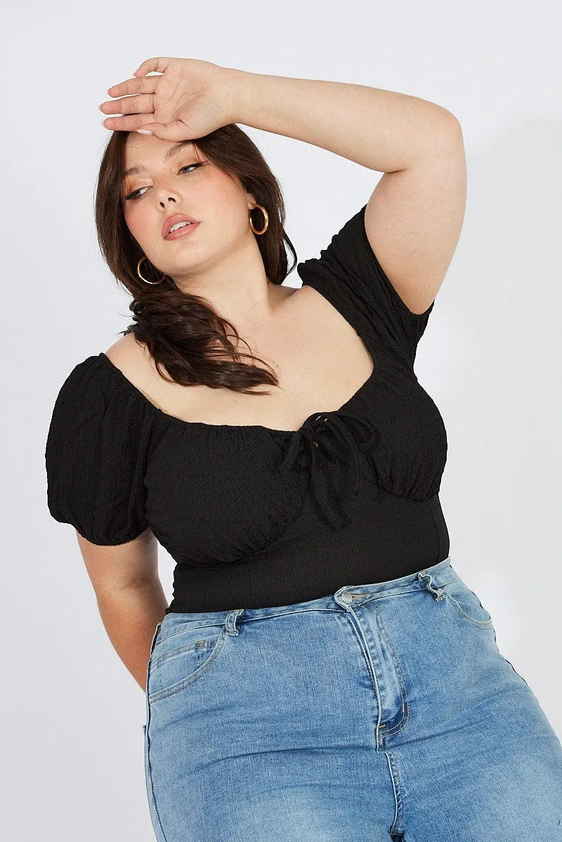 Star Fit Black Bodysuit Short Sleeve Sweetheart Neckline Textured