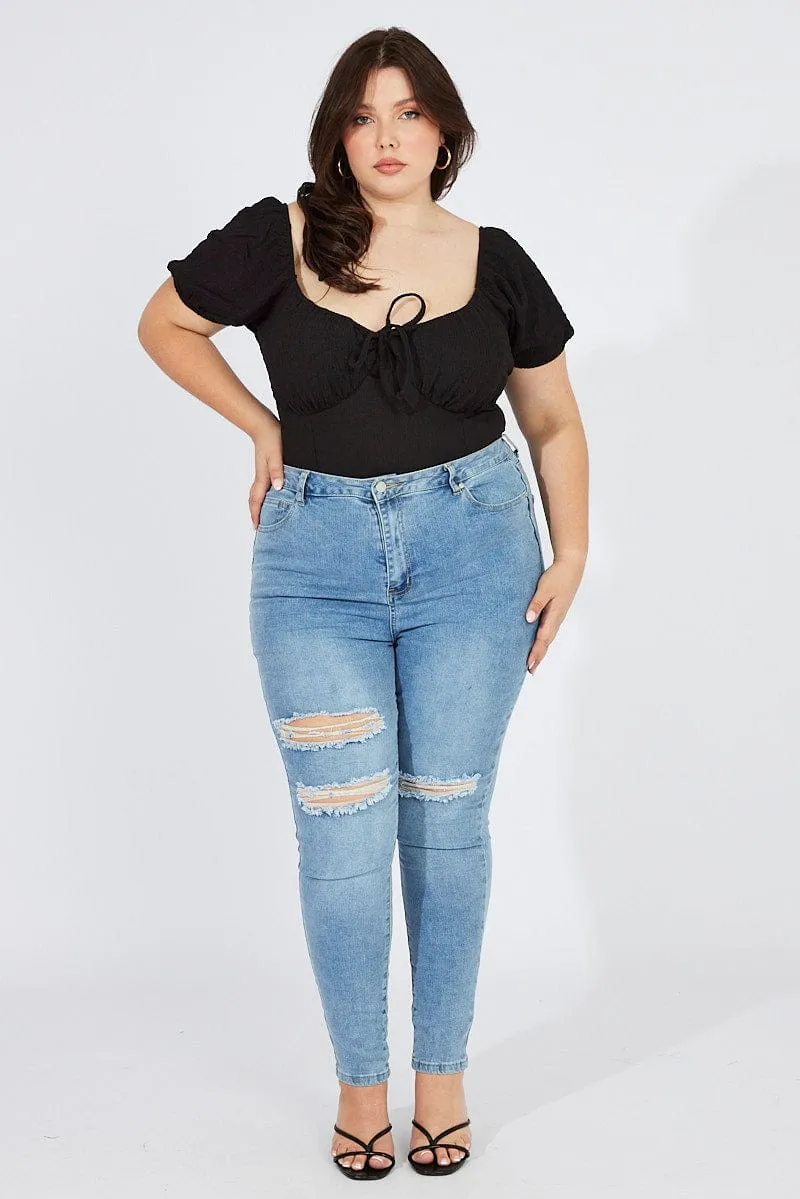 Casual Design Comfortable Wear Black Bodysuit Short Sleeve Sweetheart Neckline Textured