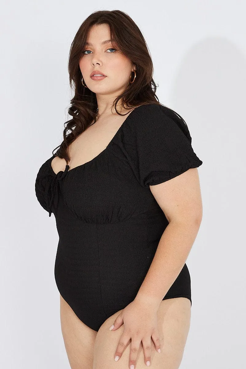 Hypoallergenic Fibers Everyday Comfort Black Bodysuit Short Sleeve Sweetheart Neckline Textured