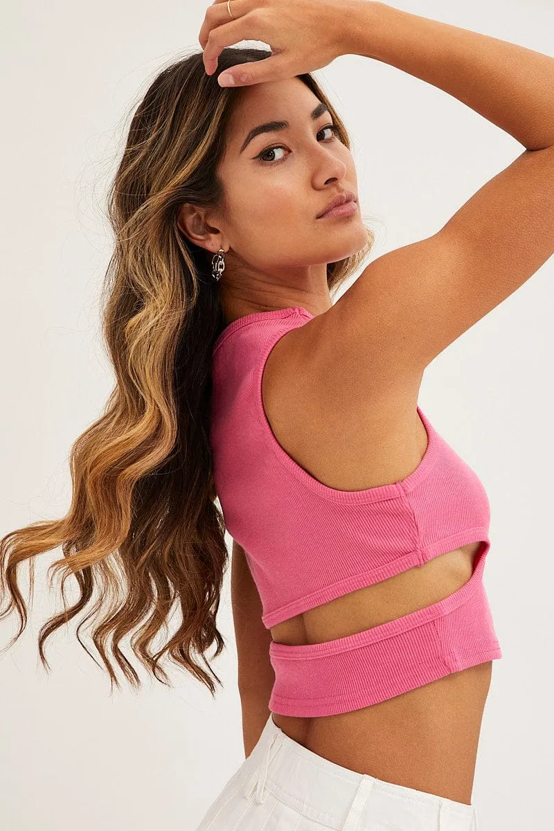 Pink Ribbed Tank Top Crew Neck Boss Vibe Mature Charm