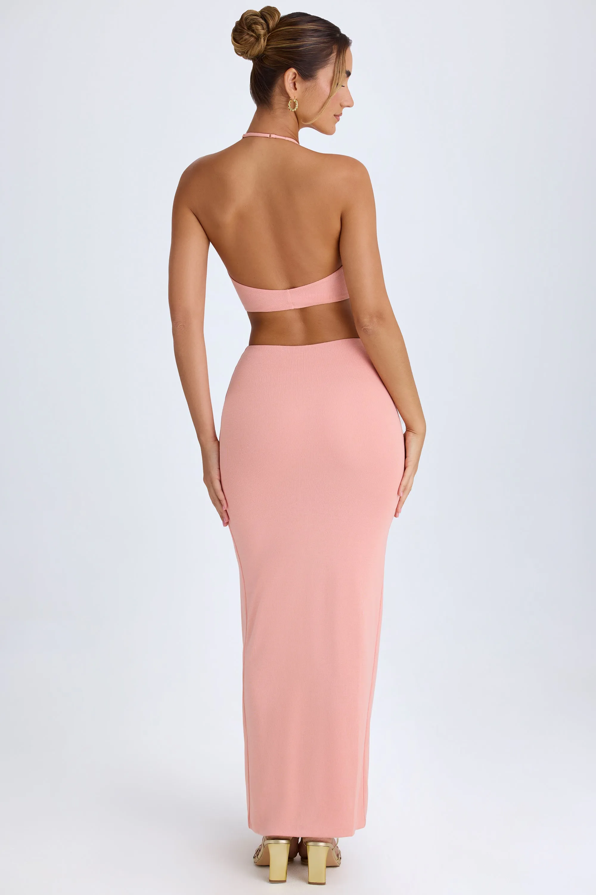 Cut-Out Halterneck Maxi Dress in Apricot Pink Side Slit Ice Bloom