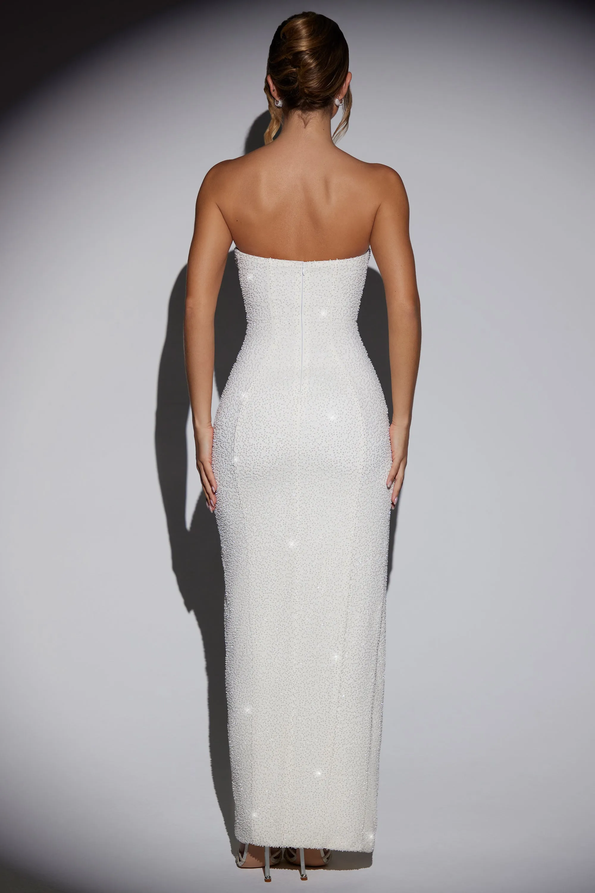 Embellished Bandeau Cowl Neck Maxi Dress in Ivory Ruby Shine