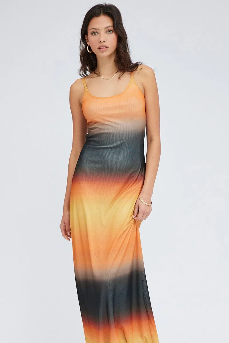 Silk Glow Brown Abstract Maxi Dress Sleeveless Mesh