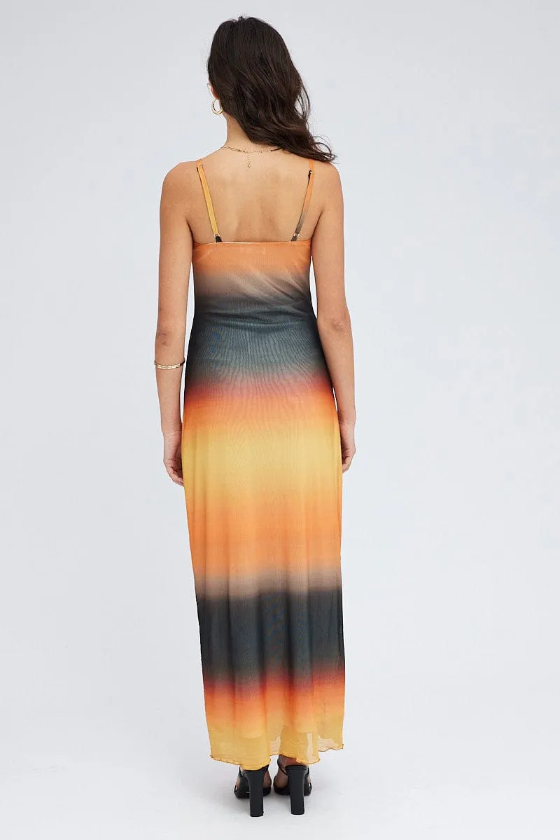 Brown Abstract Maxi Dress Sleeveless Mesh Court Path