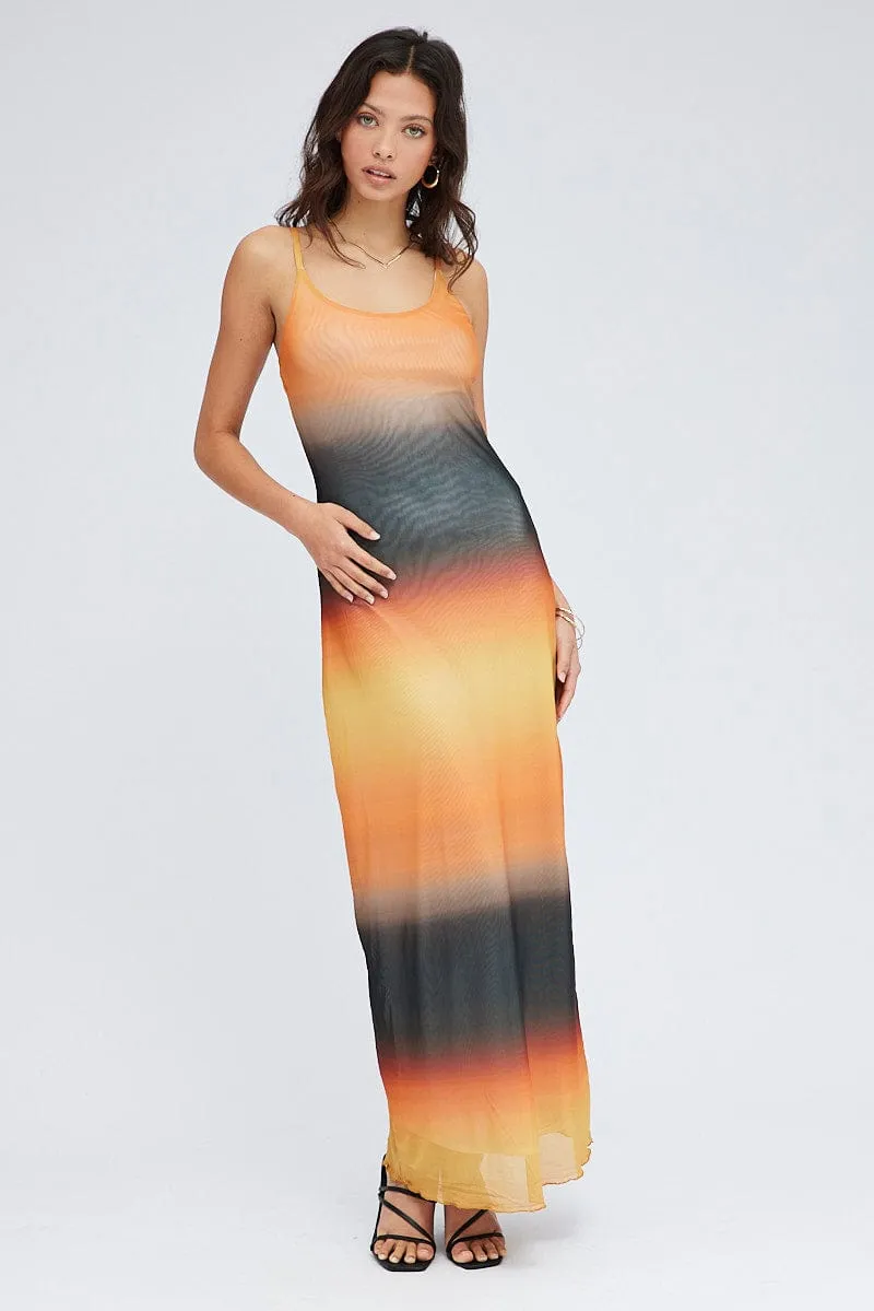 Brown Abstract Maxi Dress Sleeveless Mesh Grain Gold