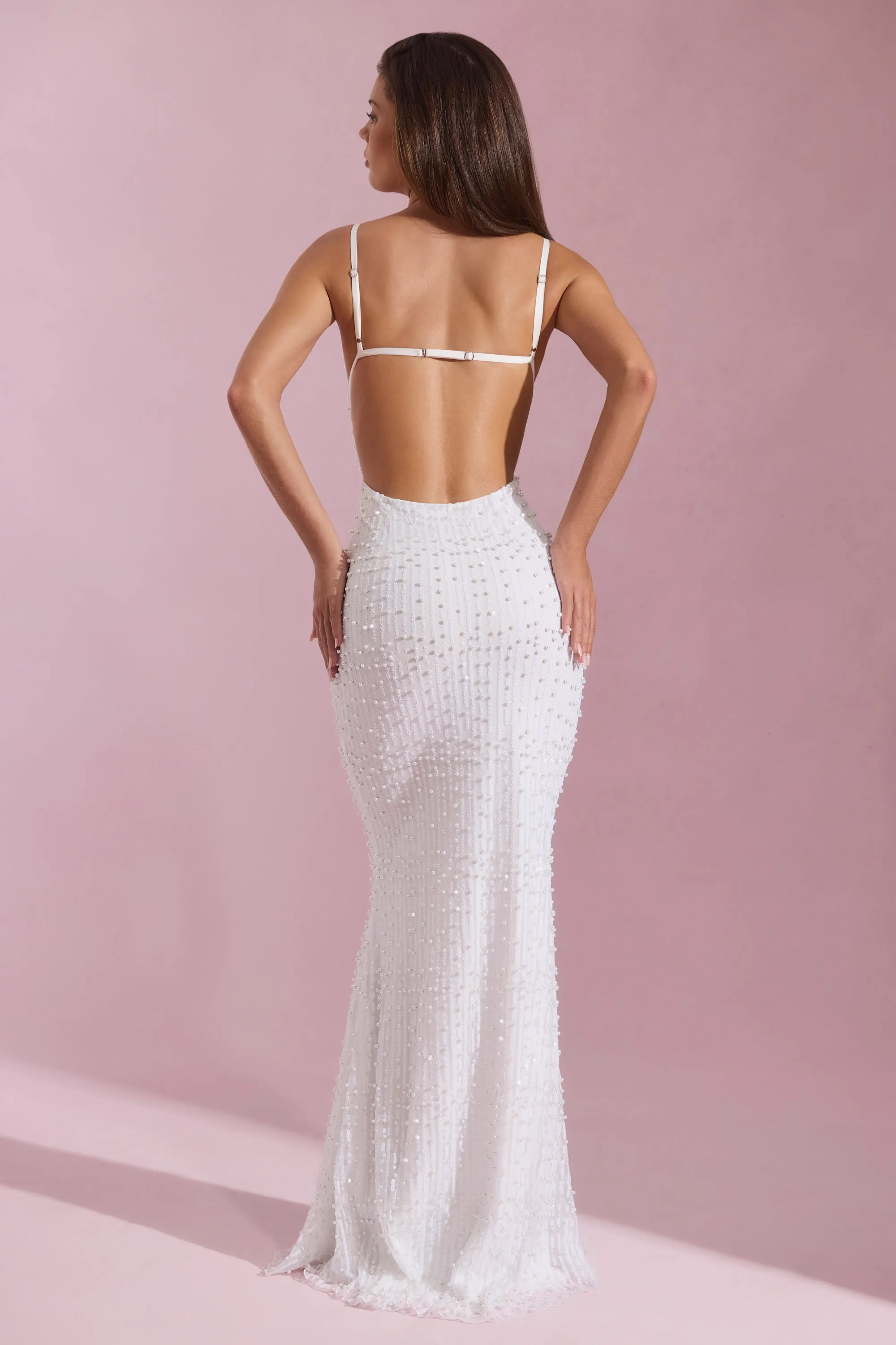 Embellished Cowl-Neck Backless Maxi Dress in White With its flowing design and elegant fit this maxi dress is a wardrobe staple Sea Breeze