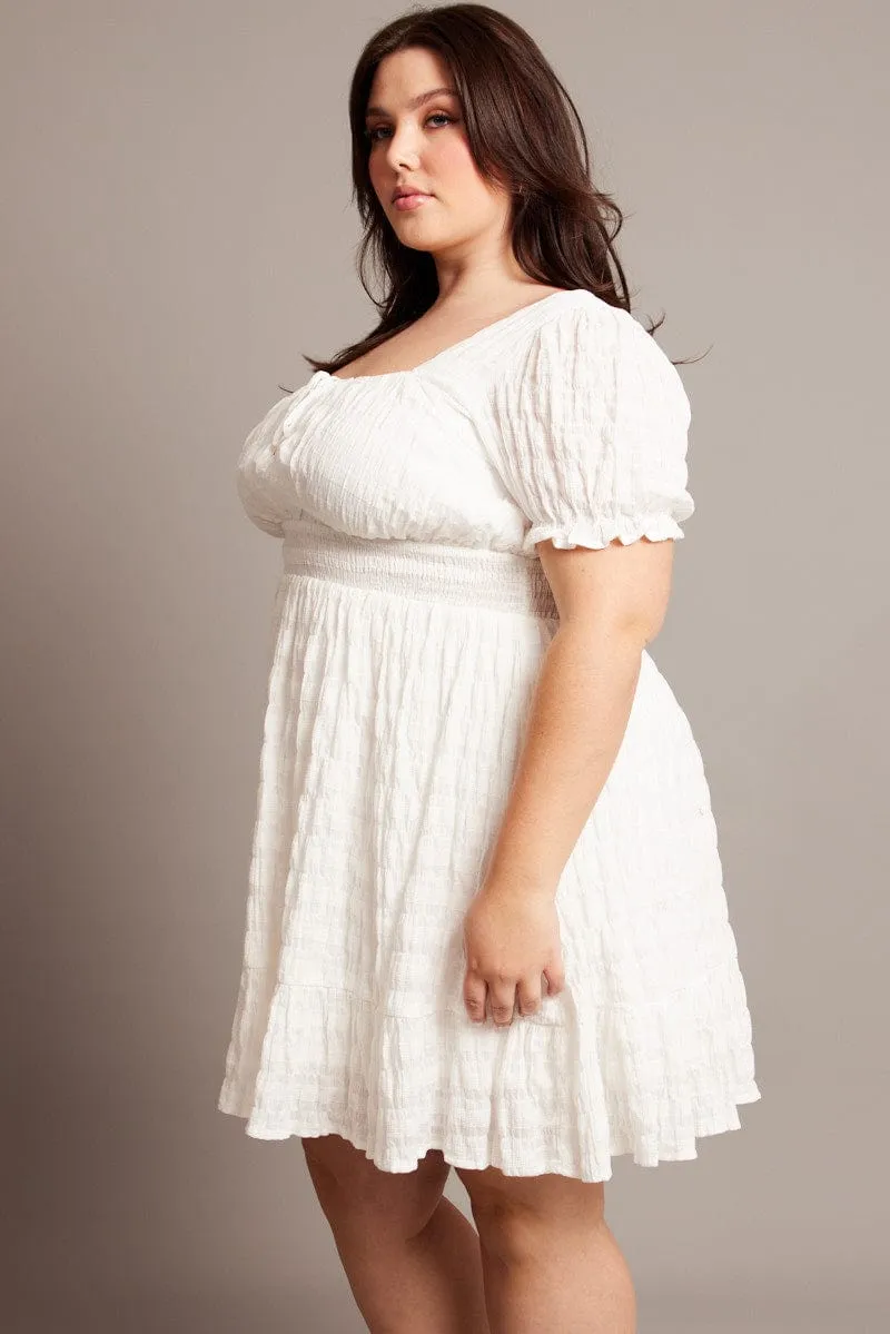 Structured Collar White Textured Check Cotton Blend Shirred Waist Mini Dress