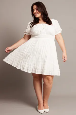 Soft touch finish White Textured Check Cotton Blend Shirred Waist Mini Dress