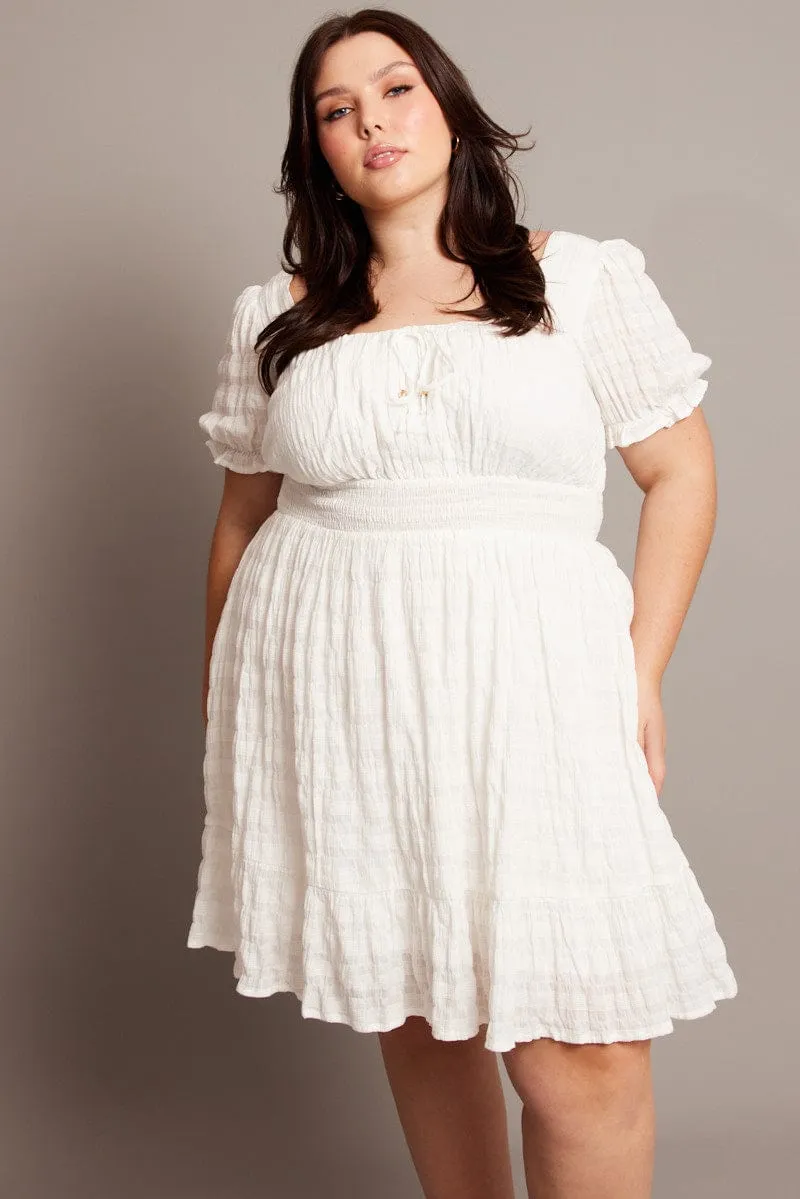 Quick Scene Floral Print White Textured Check Cotton Blend Shirred Waist Mini Dress