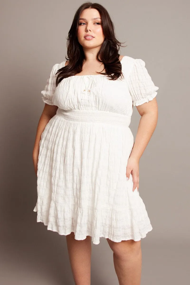 White Textured Check Cotton Blend Shirred Waist Mini Dress Comfortable fit mini Fun Shine