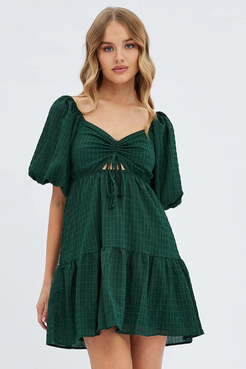 Scene Pop Classic cute short dress Green Fit And Flare Dress Mini Ruched Bust
