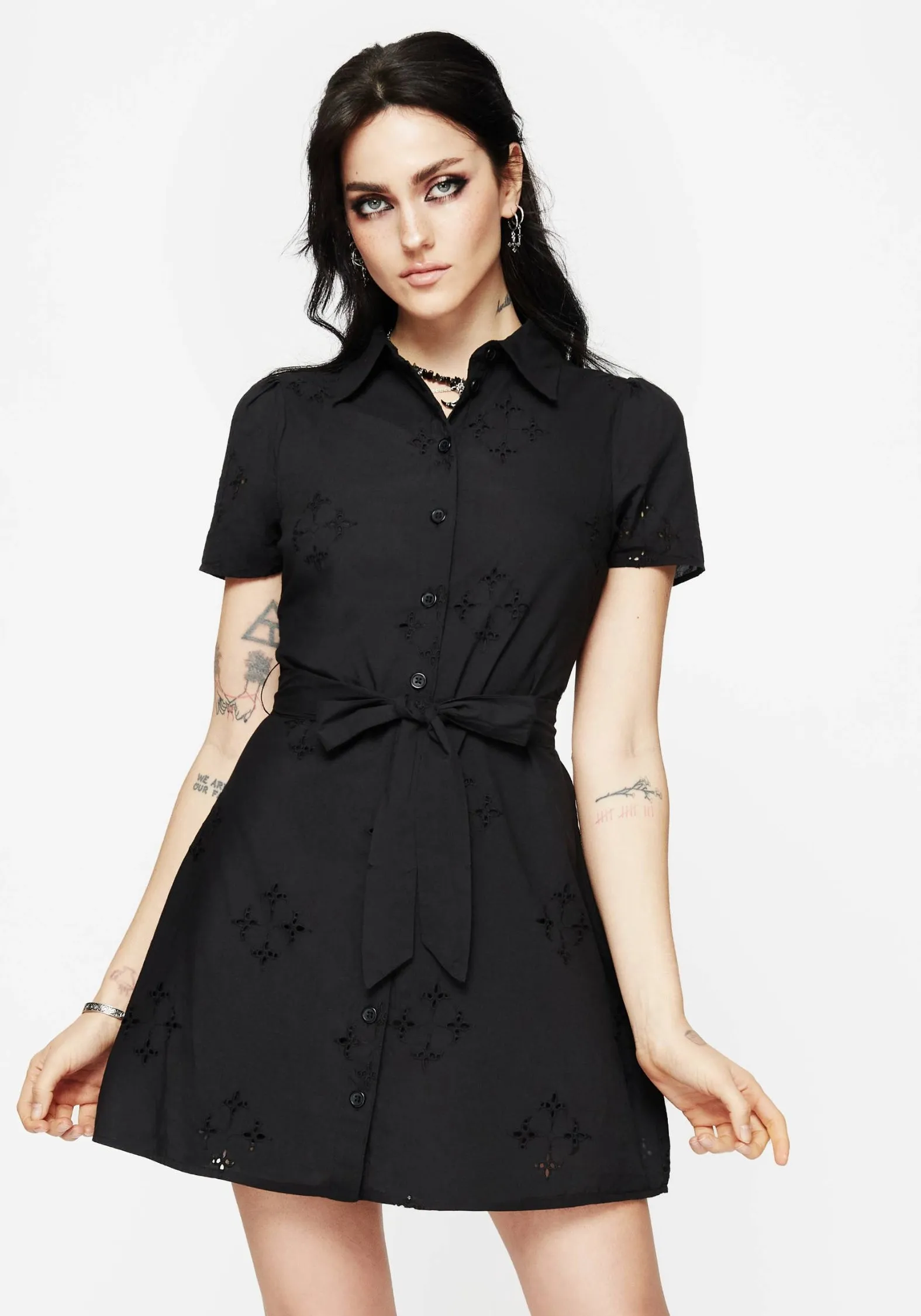 Crux Broderie Cotton Belted Mini Shirt Dress Sleek Silhouette