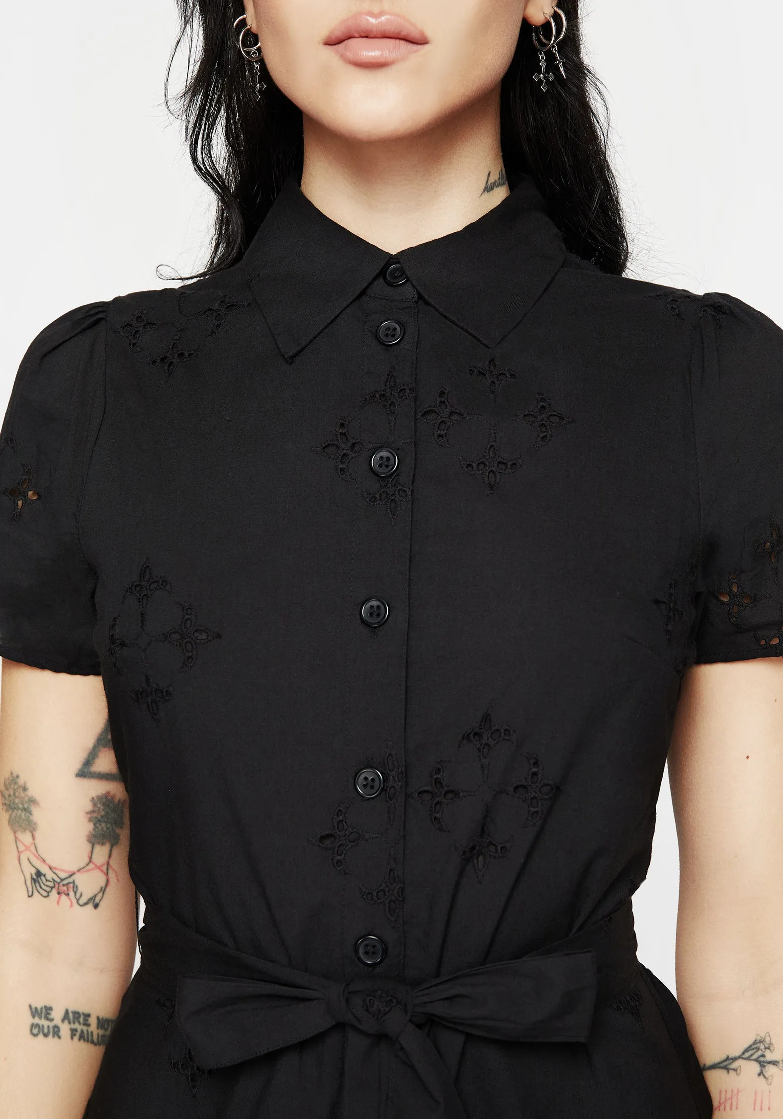 Crux Broderie Cotton Belted Mini Shirt Dress Tagless Design Floral Pattern