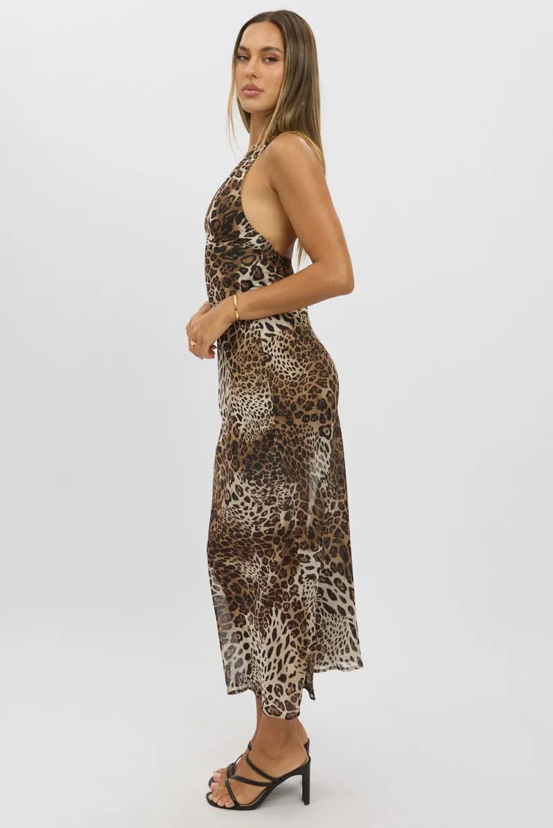 Applique Glow Playful floral print gown Brown Animal Print Halter Neck Maxi Dress