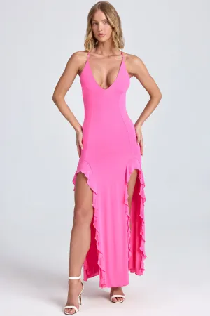 Ruched Ruffle-Trim Maxi Dress in Lollipop Pink Poplin Glow Formal outdoor event dress