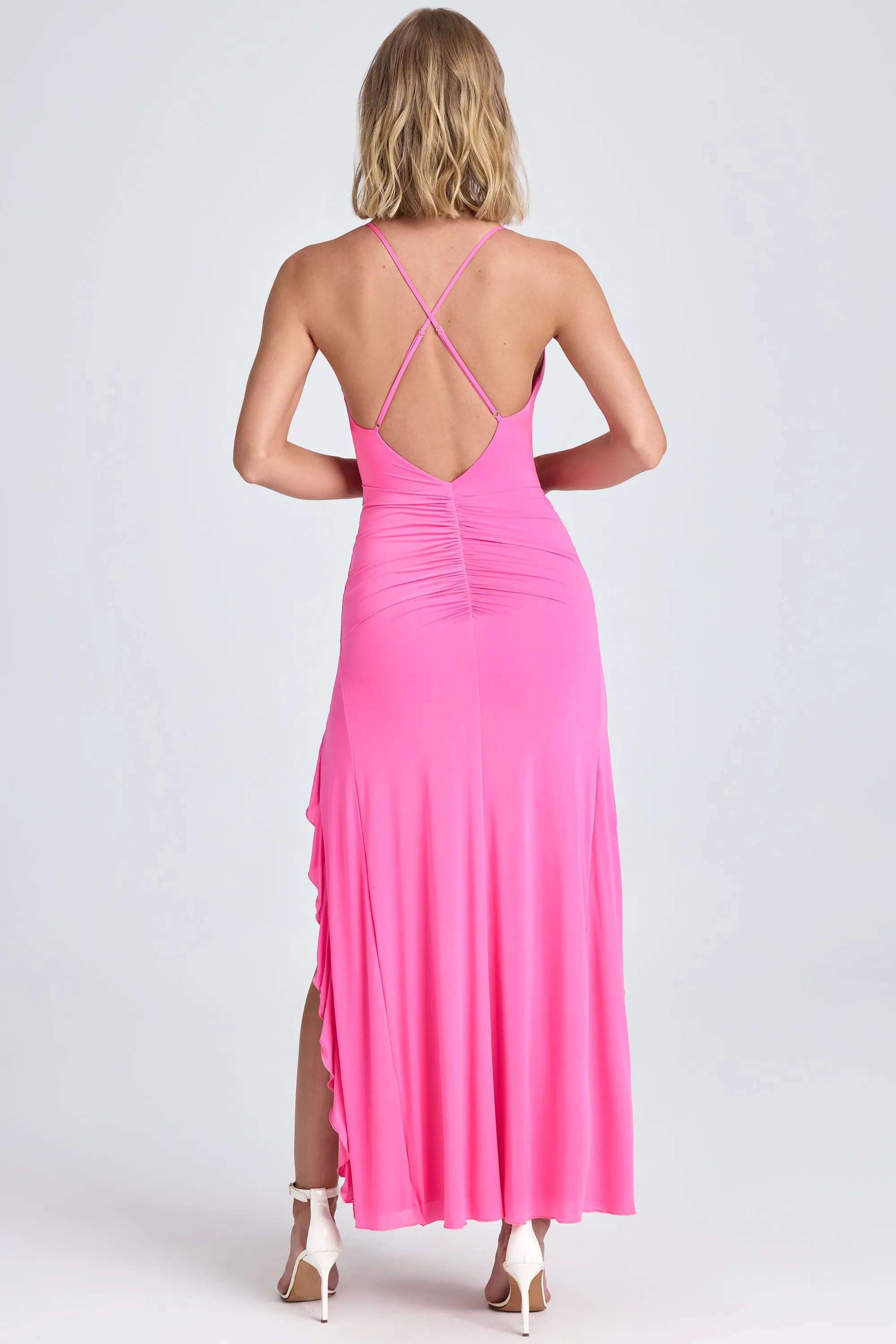 Ruched Ruffle-Trim Maxi Dress in Lollipop Pink Rainbow Arch