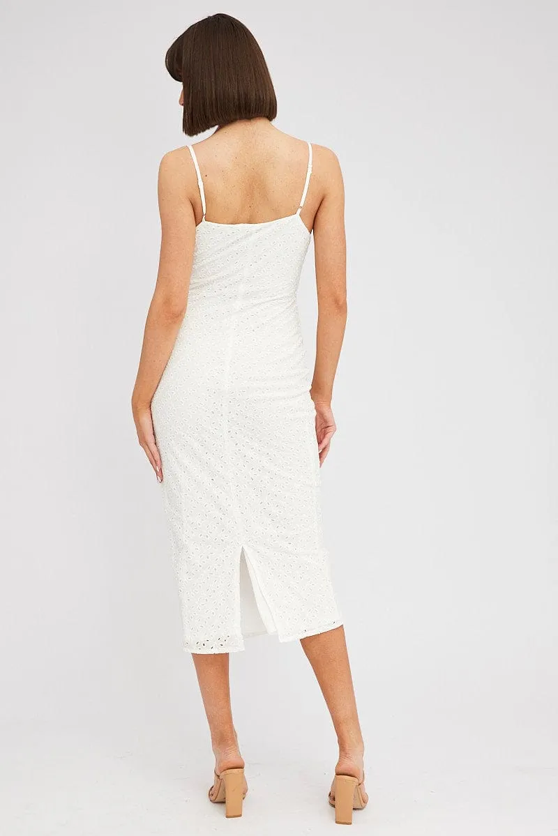 White Midi Dress Gathered Bust Eyelet Fabric Beach Edge Gorgeous floor-length style