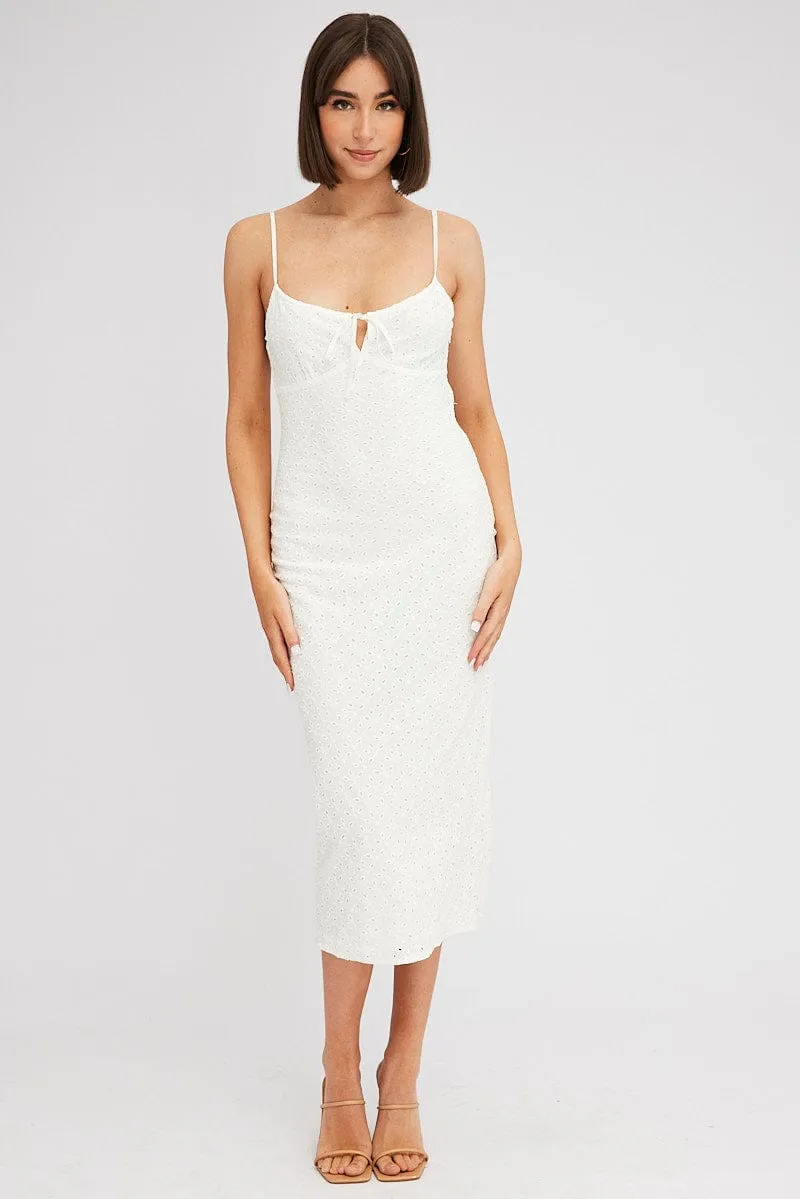 White Midi Dress Gathered Bust Eyelet Fabric Sea Breeze