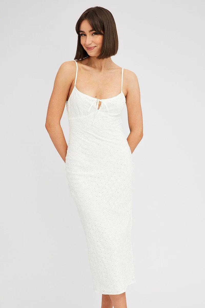 Azure Tide White Midi Dress Gathered Bust Eyelet Fabric